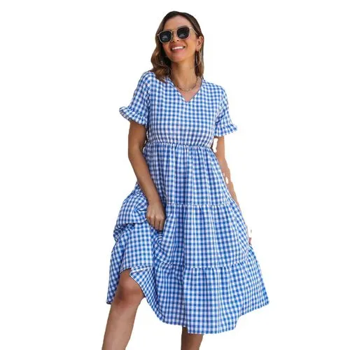 Women's Swing Dress Casual V Neck Short Sleeve Plaid Midi Dress Daily