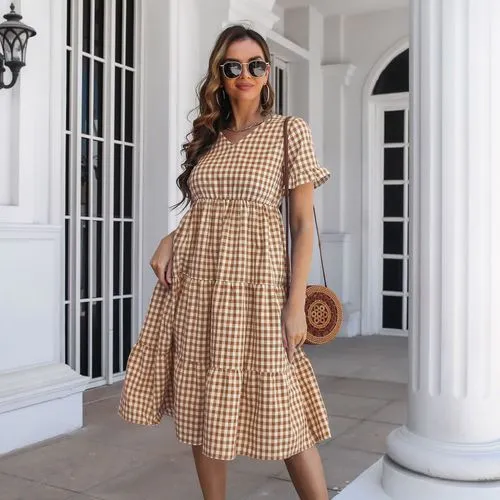 Women's Swing Dress Casual V Neck Short Sleeve Plaid Midi Dress Daily