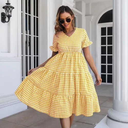 Women's Swing Dress Casual V Neck Short Sleeve Plaid Midi Dress Daily