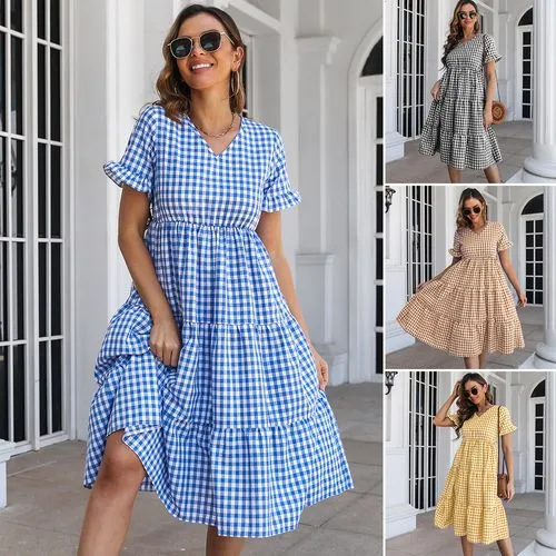 Women's Swing Dress Casual V Neck Short Sleeve Plaid Midi Dress Daily