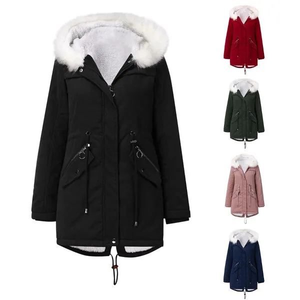 Women's mid length parka coat with faux fur trim hood and inside