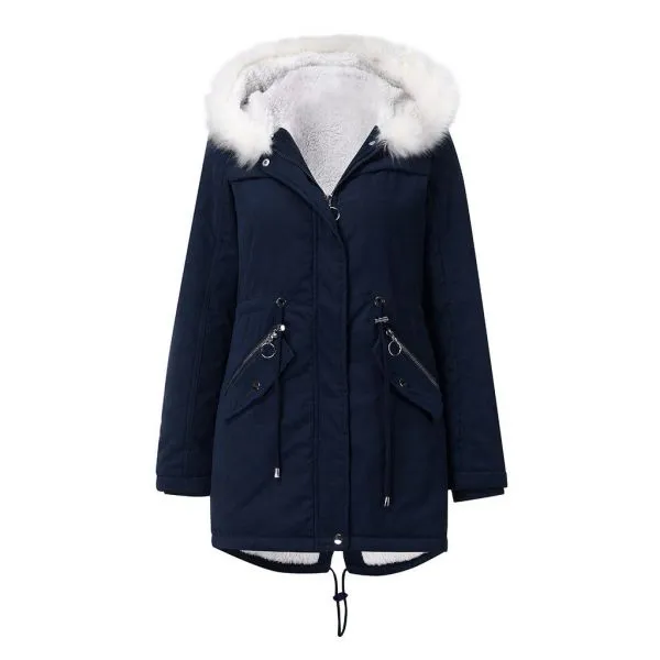 Women's mid length parka coat with faux fur trim hood and inside