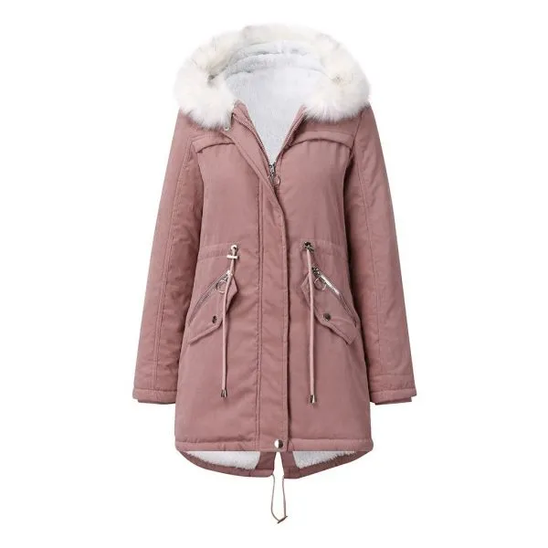 Women's mid length parka coat with faux fur trim hood and inside