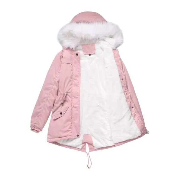 Women's mid length parka coat with faux fur trim hood and inside