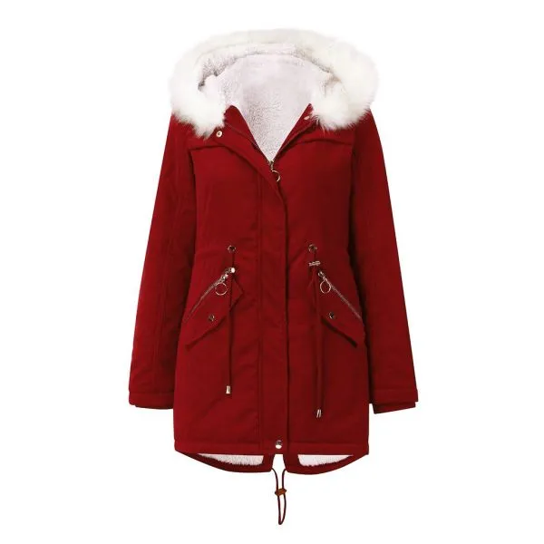 Women's mid length parka coat with faux fur trim hood and inside