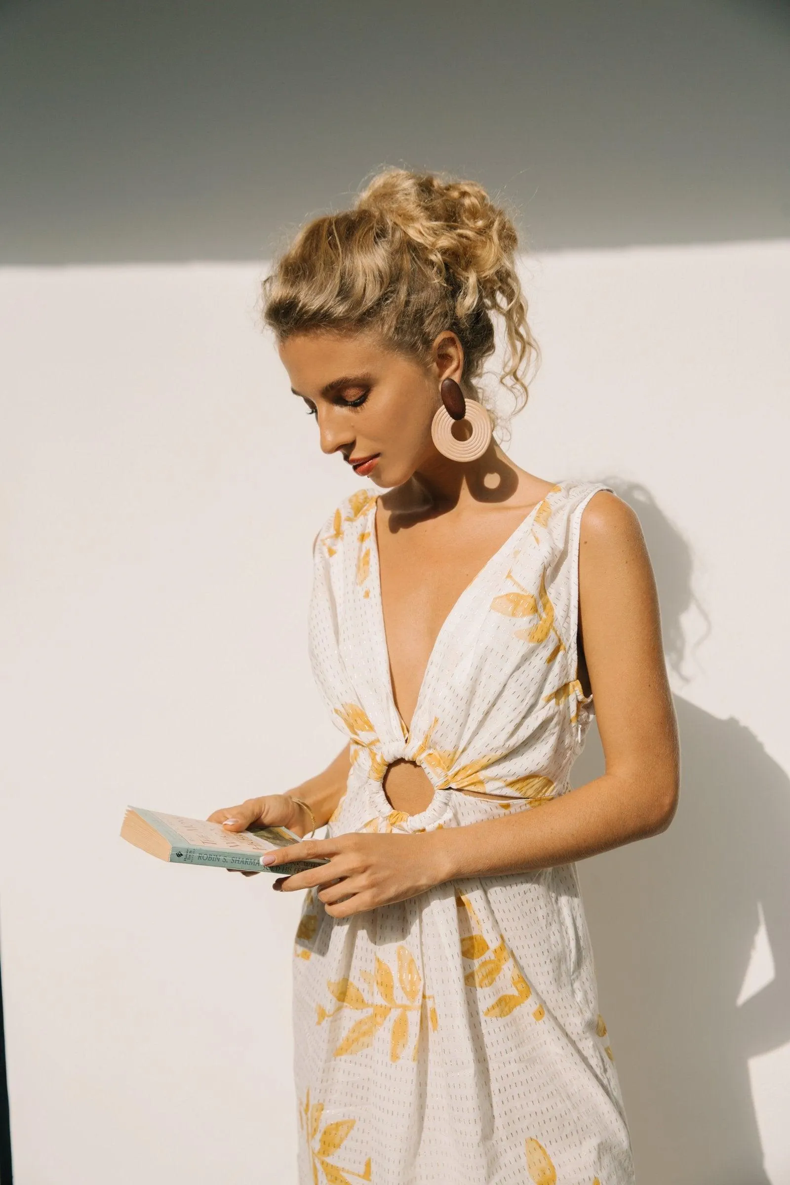 Yuma Midi Eyelet Dress with Gold Leaf Print